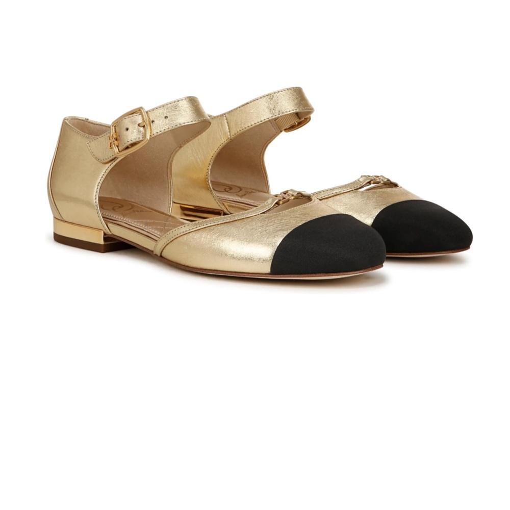 Sam Edelman Rylie Gold and Black Ankle-Strap Ballet Flats NEW IN BOX